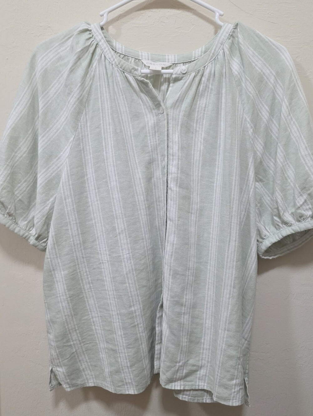 Caslon Linen Mint Stripe Button-Front Peasant Blouse